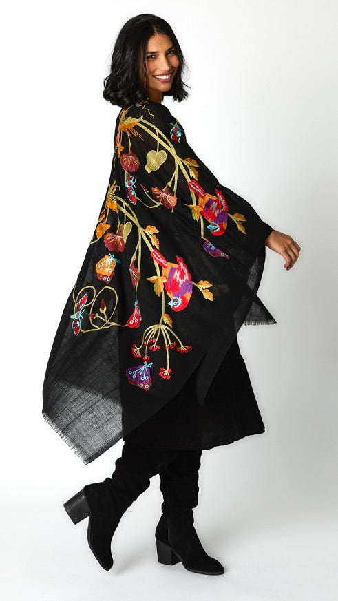 Botanical Fine Wool Embroidered Ruana