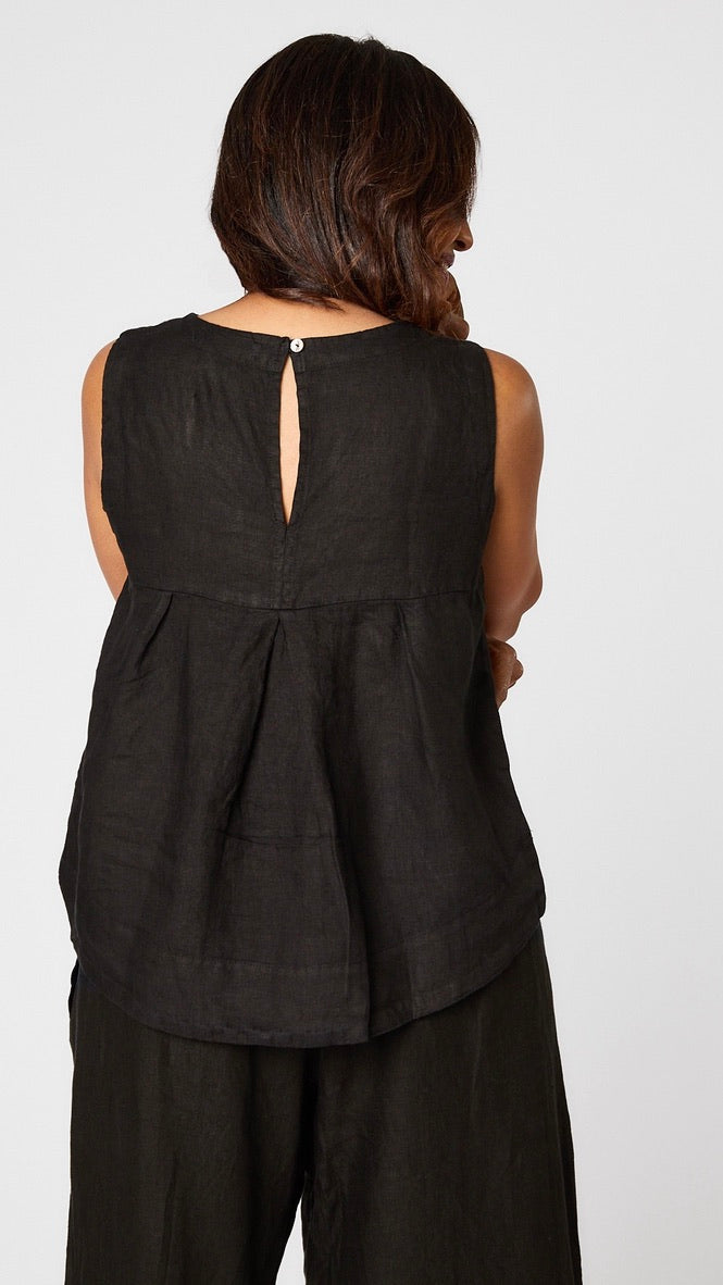 Rear view of sleeveless tank shows keyhole buttonback detail.