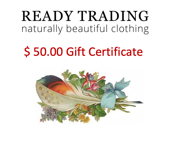 Ready Trading $50 gift certificate with store logo and illustration of feather and flower bundle.