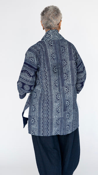 Rear view of cotton indigo block print kimono.