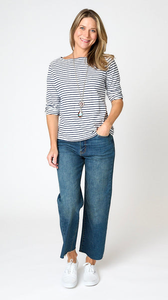 3/4 Sleeved Striped Boatneck Top - White