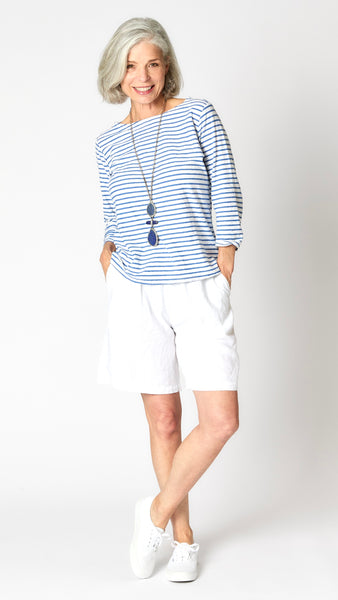 3/4 Sleeved Striped Boatneck Top - White