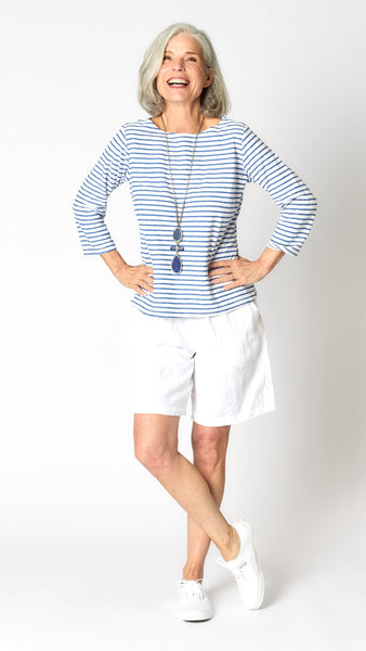 3/4 Sleeved Striped Boatneck Top - White