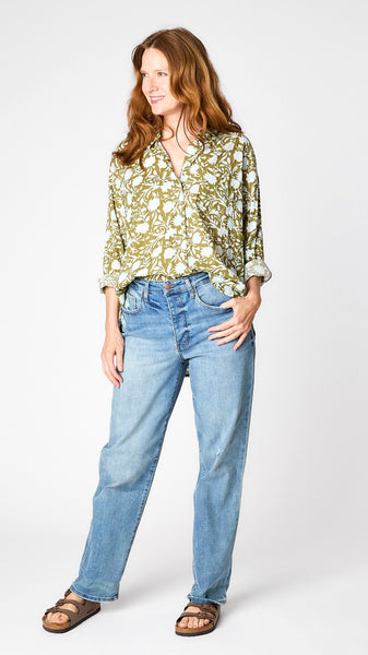 Good Boyfriend Shirt Floral Escape - Olive and Cerelean Blue