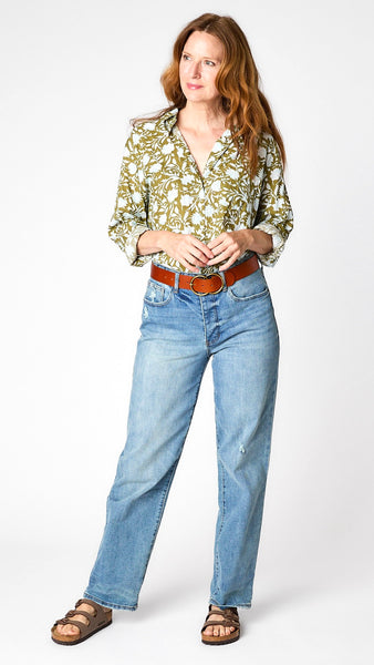Good Boyfriend Shirt Floral Escape - Olive and Cerelean Blue