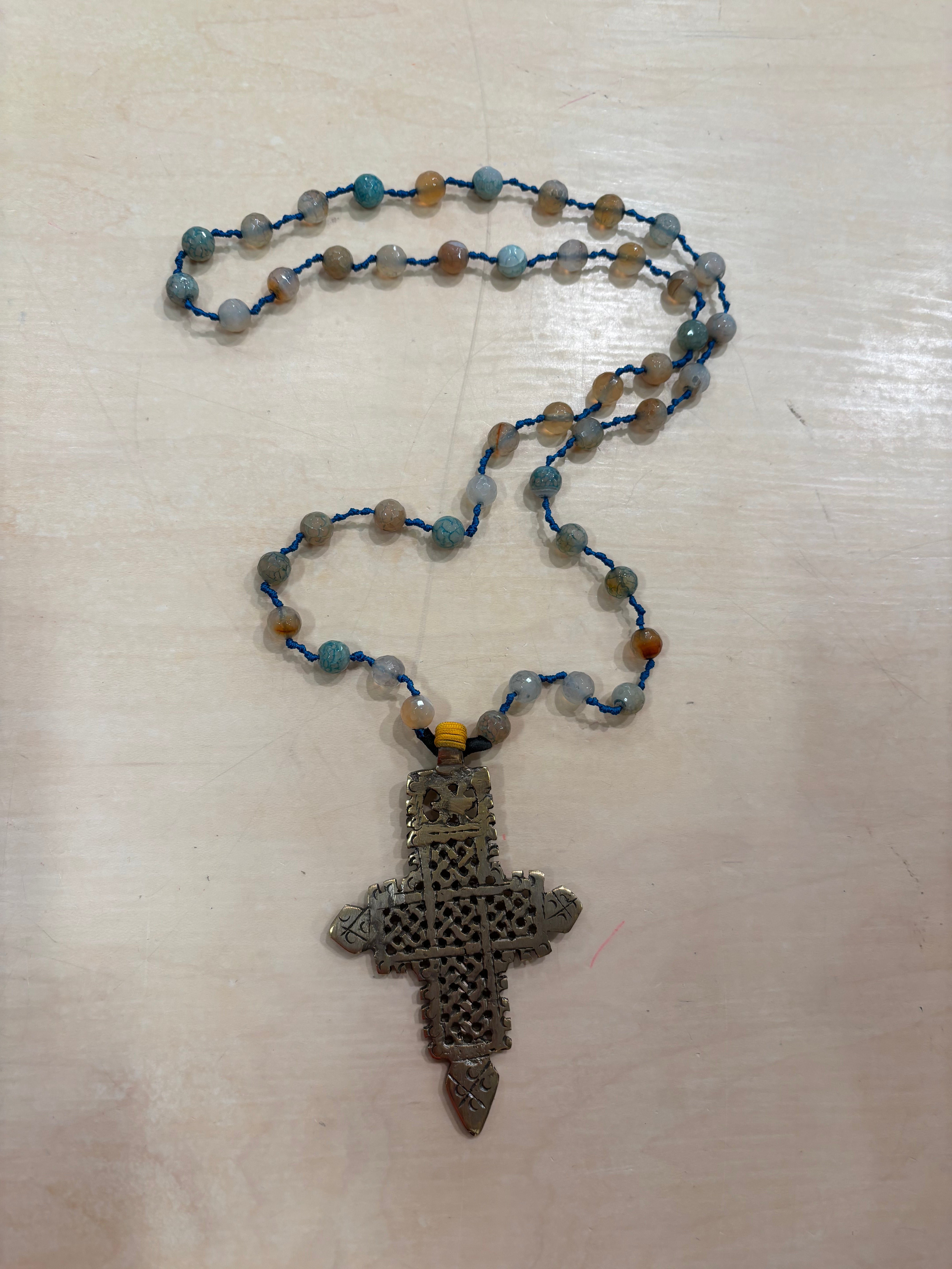 Vintage Ethiopian Brass Coptic Cross and Amazonite Beads