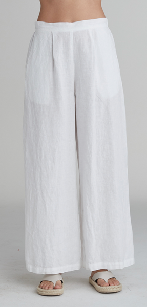 Close-up shot of lower torso and legs shows waist rise and waistband of white wide leg linen pant.