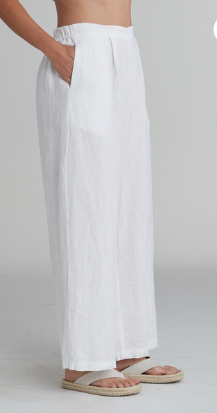Close-up shot of lower torso and legs shows inseam side pocket detail of white wide leg linen pant.