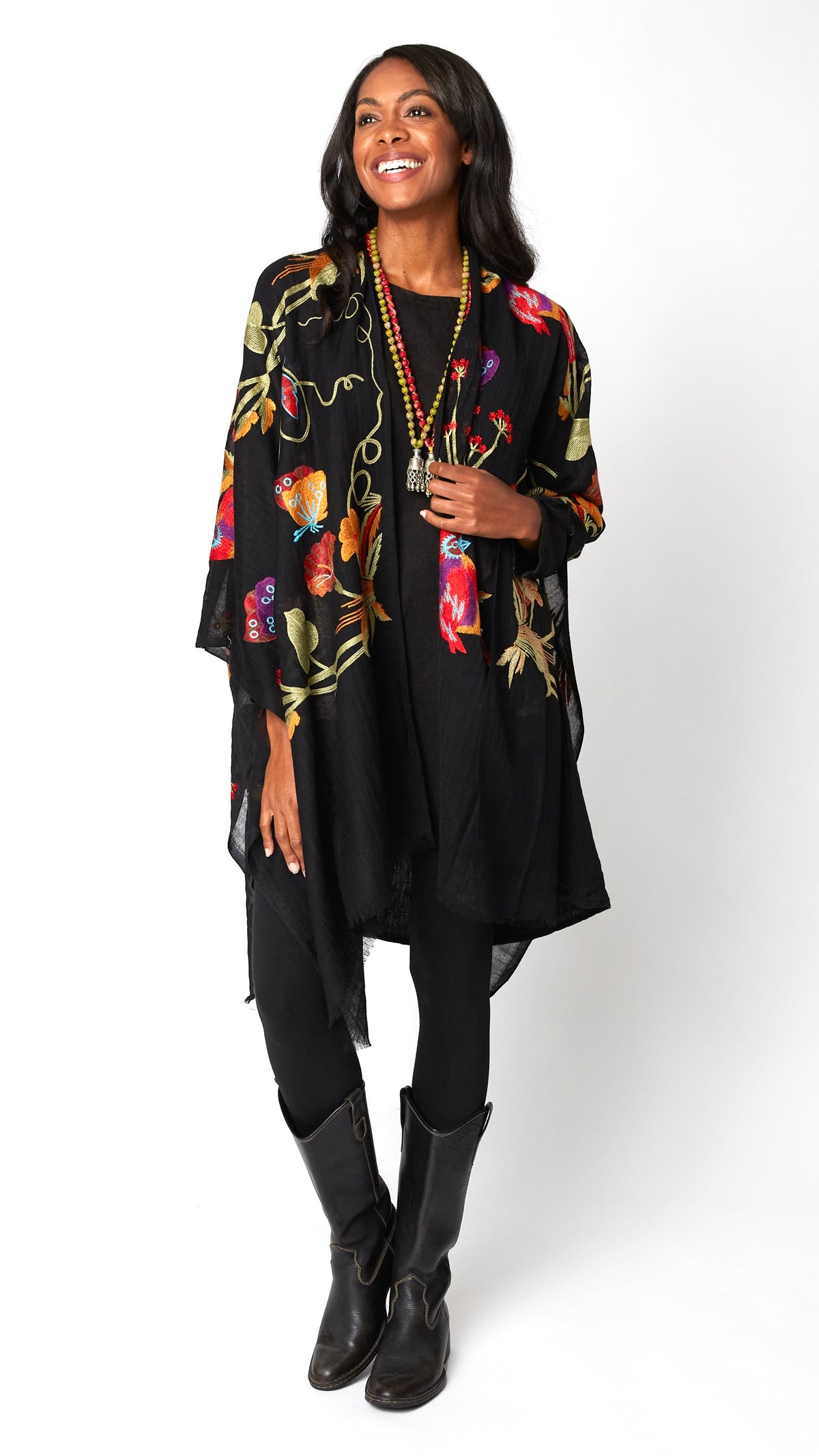 Botanical Fine Wool Embroidered Ruana