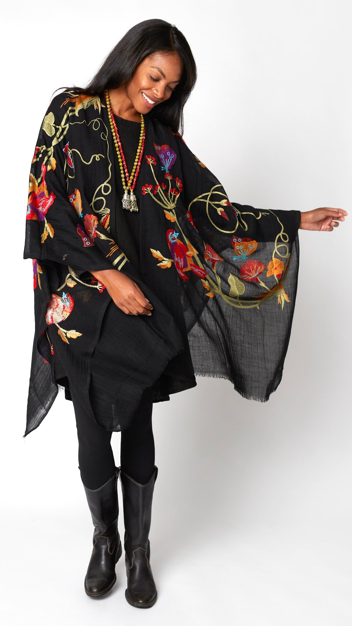 Botanical Fine Wool Embroidered Ruana