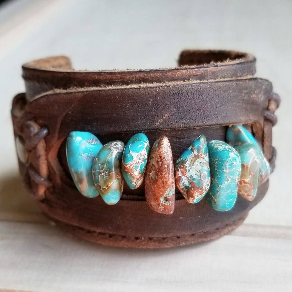 Wide Leather Cuff with Large Natural Turquoise