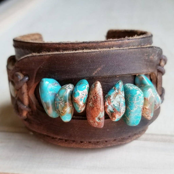 Wide Leather Cuff with Turquoise Regalite Gemstone.